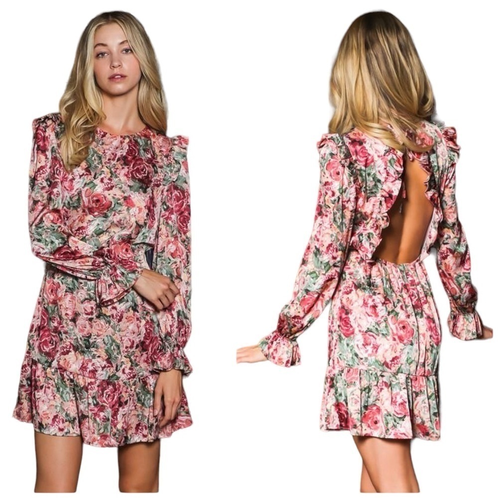Aakaa Satin Feel Floral Open Back Long Sleeve Ruffle Details Mini Dress
